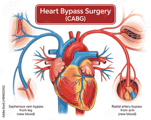 Anatomical Illustration of Heart Bypass Surgery ( CABG) with Vein and Artery Grafts CABG coronary artery bypass grafting
