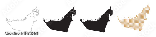 Maps of the United Arab Emirates in various styles, with black and gold lines on a white background.	