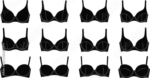 Women bra silhouettes collection, lingerie top icons set, fashion underwear illustration, feminine apparel design elements for clothing brands, boutique and textile projects