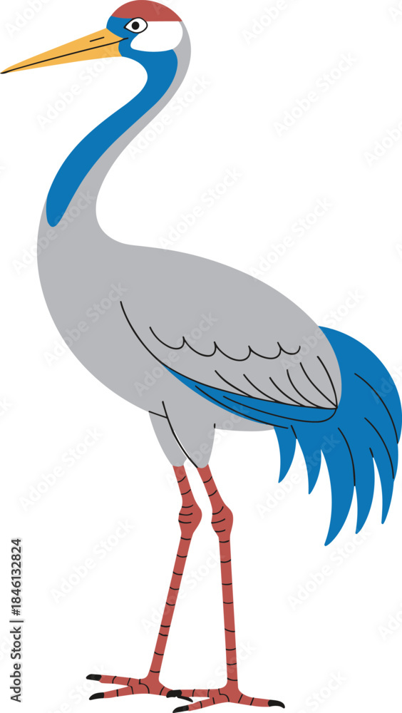 Fototapeta premium stylized crane bird, long neck legs, red white blue feathers, cartoon wildlife vector, nature animal illustration, educational design