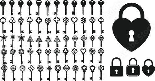 Set of vintage key silhouettes and padlock icons. Collection includes many ornate antique keys and a large heart-shaped lock.