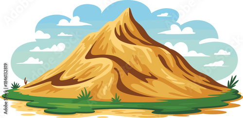 stylized mountain landscape, golden brown peak, green vegetation, cartoon clouds sky, nature scene illustration, scenic outdoor vector design