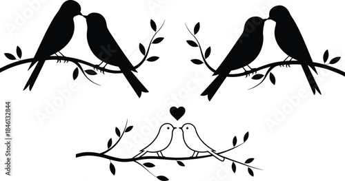 romantic bird pairs, kissing birds silhouette, heart above birds, perched on branch, nature love scene, minimalist wildlife affection illustration