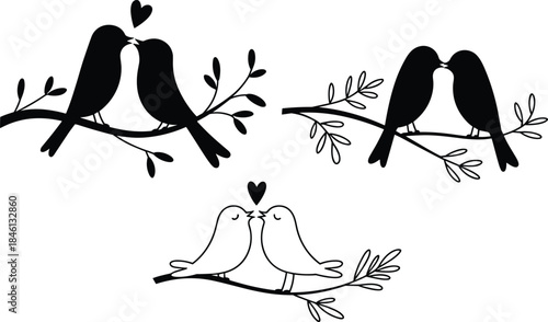 silhouette kissing birds, romantic bird pairs, heart above birds, love birds on branch, nature affection scene, minimalist wildlife illustration