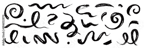 Chinese brush strokes swirl, line curve, calligraphy paint spiral elements. Hand drawn chinese ink brush paint stroke swish, swoosh wave doodles. Grunge texture abstract line. Vector illustration