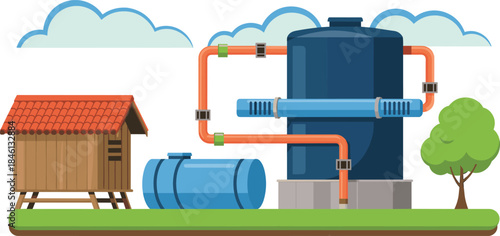 Rural water filtration and storage system with connected pipelines, large tank, small wooden house and clean environment illustration for utility infrastructure