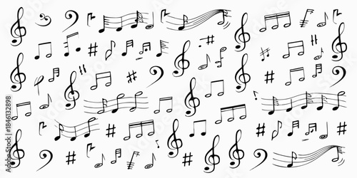 A seamless pattern of various musical notes and symbols on a white background