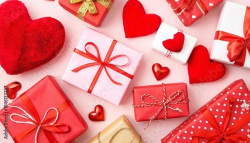 Valentine Hearts and Gift Boxes Flat Lay. A romantic flat lay of red and pink heart shaped decorations and wrapped gift boxes with ribbons, creating a festive Valentines Day theme and symbolizing love