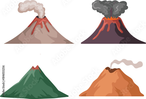 Volcano, eruption, lava, smoke, crater, geology, mountain, magma, active, dormant, illustration, colorful, nature, hazard, thermal, ash, earth, science, design, stages