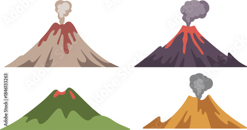 Volcano, eruption, lava, smoke, crater, geology, mountain, magma, active, dormant, illustration, colorful, science, earth, nature, hazard, explosive, ash, thermal, design