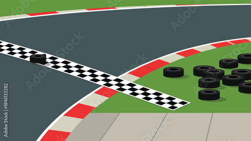 Race track corner featuring checkered flag finish line and barrier tires illustration