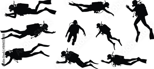 Scuba diver silhouette vector, underwater swimming poses, diving gear icon set, dynamic ocean exploration illustration, black aquatic sports design