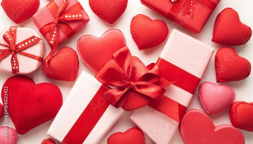 Valentine Hearts and Gift Boxes Flat Lay. A romantic flat lay of red and pink heart shaped decorations and wrapped gift boxes with ribbons, creating a festive Valentines Day theme and symbolizing love