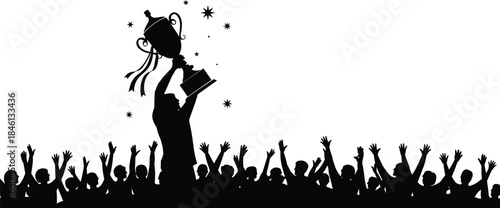 Victory celebration silhouette, trophy winner, cheering crowd, success moment, team achievement, award ceremony, raised hands, festive energy, recognition event, triumph