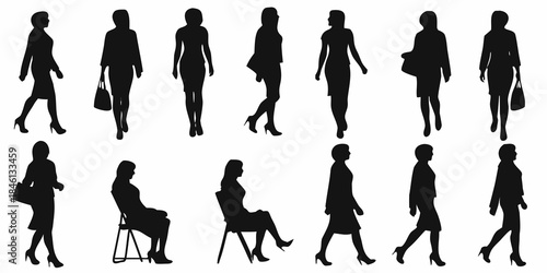 Silhouettes of women in various poses and fashionable attire walking and seated