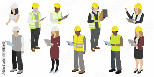 Diverse group of construction workers and professionals in safety gear