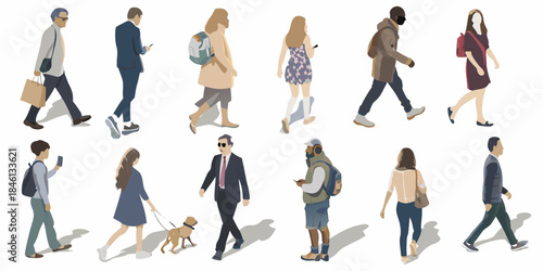 Diverse group of people walking illustrated vector figures in various attire