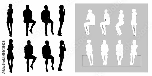 Silhouettes of people in various poses both black and white displayed in rows