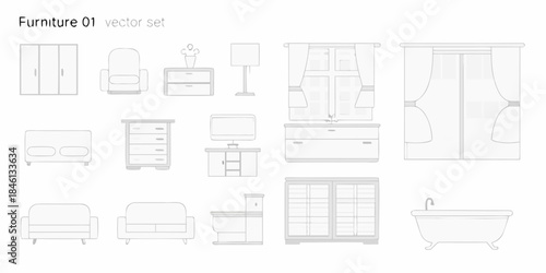 Furniture vector set featuring sofas cabinets tables and bathroom fixtures