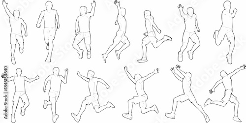 Line art depicting human figures in various running and jumping poses