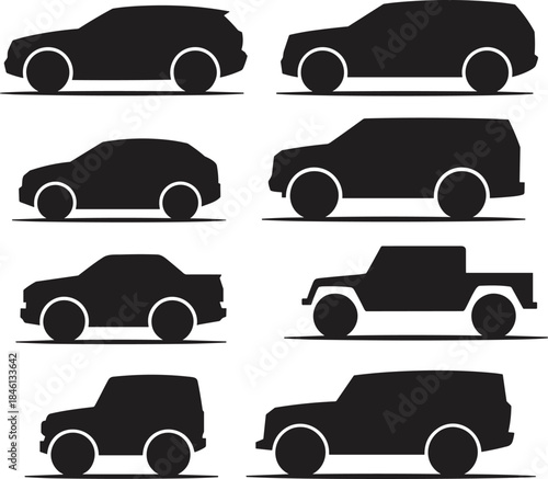 Vehicle silhouette pack, sedan, SUV, pickup truck, compact car, side view icons, black transport shapes, isolated automotive graphic design