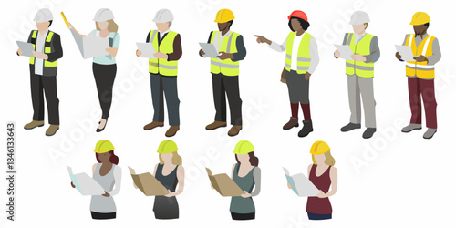 Diverse construction workers reviewing plans and communicating on a project site