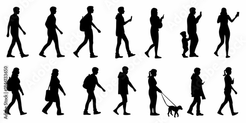 Silhouettes of people walking various poses and activities are showcased