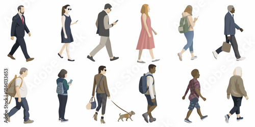 Diverse group of people walking illustrated in a minimalist and modern style