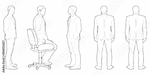 Five male figures in suits shown in various poses and a chair