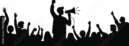 Protest crowd silhouette, activist with megaphone, raised fists unity, public demonstration art, social movement vector, collective action scene