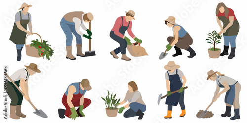 Diverse group of people gardening planting and tending to plants outdoors