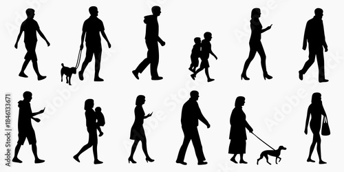 A collection of black silhouette figures depicting various human poses and activities
