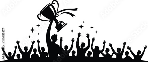 Victory celebration silhouette, trophy held high, winning team moment, group success scene, achievement art, energetic crowd, sports award vector design