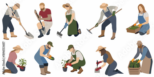 A collection of gardeners tending to plants and harvesting crops outdoors