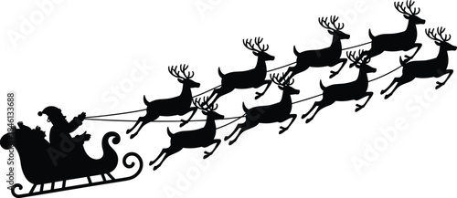Santa sleigh silhouette, flying reindeer team, Christmas night scene, festive holiday icon, magical winter ride, seasonal vector, traditional Xmas art