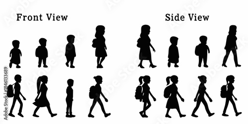 Silhouettes displaying different walking poses from front and side perspectives