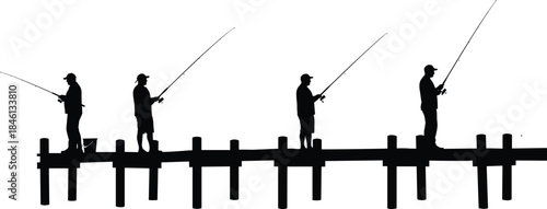 Silhouette of people fishing on pier, recreational activity, family leisure, outdoor lifestyle, fishing rods, water sport, peaceful nature scene