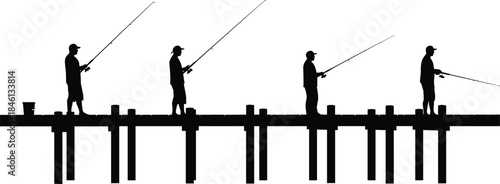 Silhouette of people fishing on pier, outdoor recreation, family leisure, fishing rods, peaceful lifestyle, water sport, nature activity, hobby scene