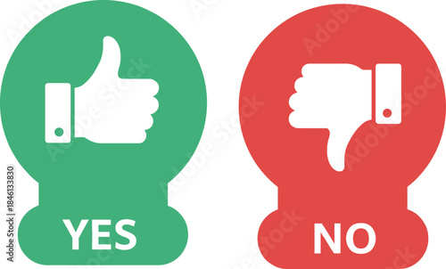Yes and no icons with thumbs up and thumbs down, approval rejection buttons, survey feedback vector, decision choice symbol, voting graphic design