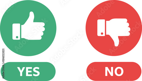 Yes and no icons with thumbs up and thumbs down, approval and rejection symbols, survey feedback vector, decision choice graphic design