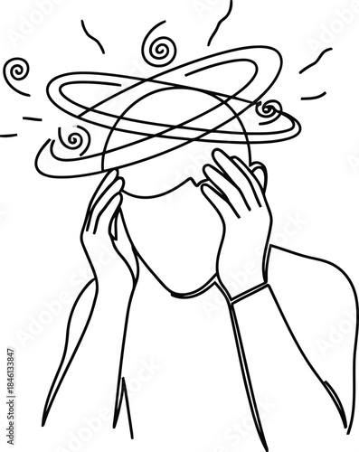 Continuous line drawing: person suffering headache, stress, mental health issue, vertigo, confusion