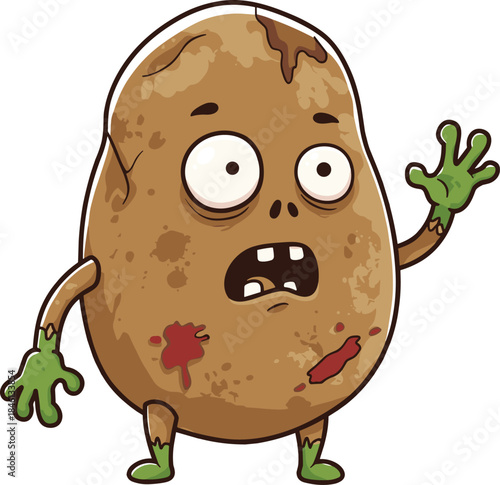Zombie potato cartoon character, funny vegetable monster mascot vector illustration, quirky food parody design, creepy Halloween art, humorous horror concept, spooky