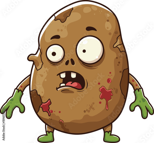 Zombie potato cartoon character, funny vegetable monster vector illustration, quirky food mascot design, creepy Halloween art, humorous horror concept, spooky parody