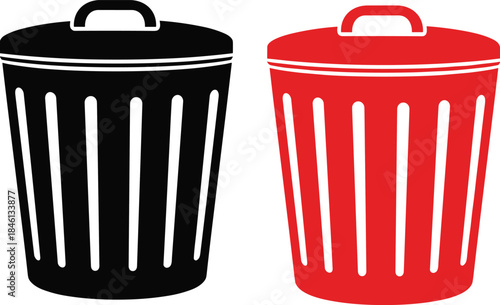 Trash can silhouette vector illustration, waste bin icon design, recycling container artwork, garbage disposal symbol, black and red graphic 