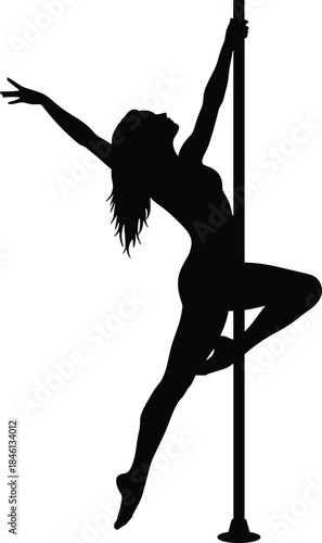 Pole dance silhouette, fitness strength, acrobatic performance, artistic balance, dancer flexibility, vertical pole exercise, sport training, elegant body movement, dance workout, athletic pose