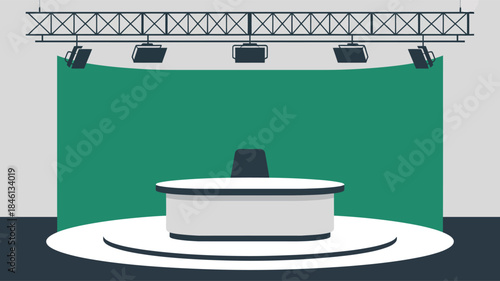 Television news studio setting with desk and green screen background illustration