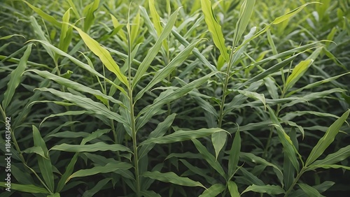 Close-up shot of a lush green ginger plant field with long, vibrant leaves reaching towards the sky