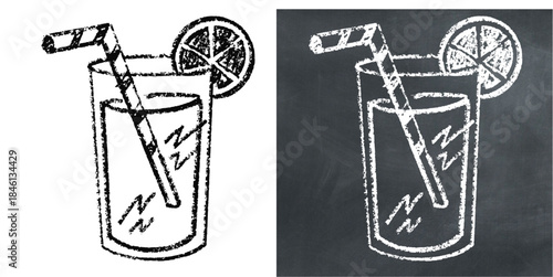 Chalk handdrawn orange juice vector for menu designs and beverage branding. Ideal for illustrating freshness, breakfast themes, and organic drinks in a cafe.