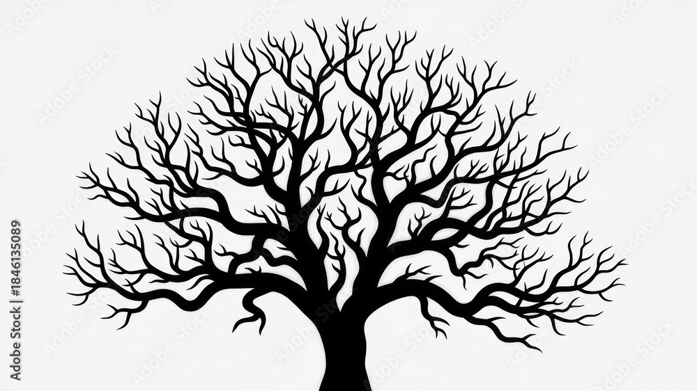 Obraz premium A striking silhouette of a bare deciduous tree with intricate branches against a stark white background