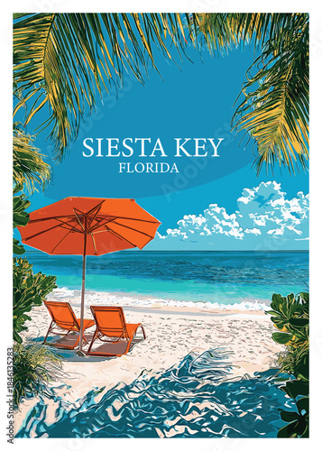 фотографія Vibrant vector illustration of Siesta Key, Florida beach with orange umbrella and beach chairs, ideal for vacation and travel-themed designs